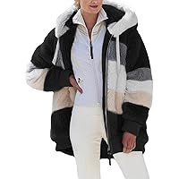 Dokotoo Womens Fuzzy Fleece Jacket Open Front Hooded Color Block Patchwork Cardigan Coats Outwear with Pockets