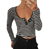 Naileksi Women Striped Print Henley Long Sleeve Crop Top Basic Scoop Neck Button Up Slim Fit Causal Crop Tee Shirt Fall