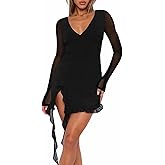Doweha Women's Sexy Bell Long Sleeve Ruffle Slit Mini Mesh Dress Summer V Neck Backless Bodycon Short Party Cocktail Dress