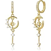 Star and Moon Earrings Dangle Hoop Earrings for Women Huggie with Cubic Zirconia Celestial Space Style