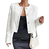 Mina Self 2026 Spring Women's Tweed Blazer - Collarless Plaid Cropped Open Front Casual Fashion Office Jacket with Pockets