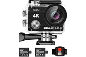 Dragon Touch 4K Action Camera 20MP Vision 3 Underwater Waterproof Camera 170° Wide Angle WiFi Sports Cam with Remote 2 Batter