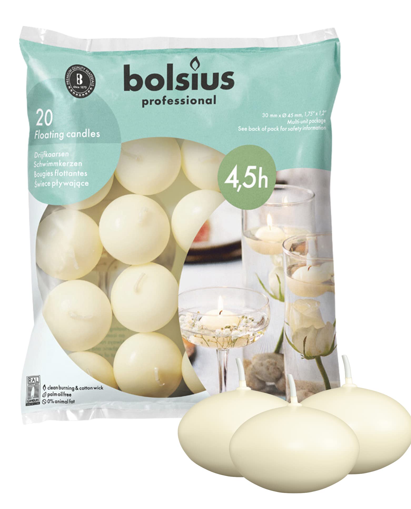 Bolsius Floating Candle - Ivory - Bag of 20 - Long Burning Time of 4 Hours - Clean Burn - Interior Decoration - Vegan Wax - 3 x 4.5 cm
