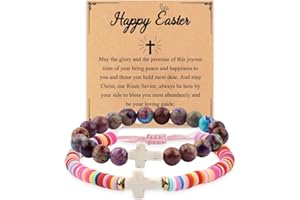 GVUSMIL Cross Bracelet Baptism Gifts Easter Basket Stuffers First Communion Adjustable Clay and Stone Christ Holy Water Bracelet Faith Jewelry for Daughter Granddaughter Niece
