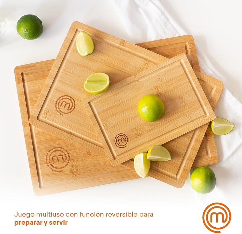 Tábuas de cortar MasterChef Kitchen, conjunto de 3 peças de tábua de bambu - 38x27,5 cm / 34x23,5 cm / 23x15 cm, ideais para cortar pão, fiambre, legumes e queijos, com slot para sumo