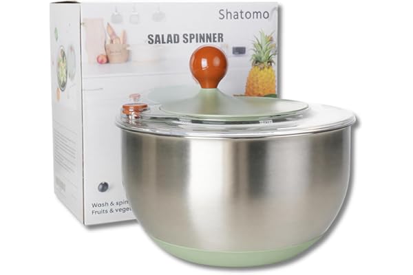 Shatomo Stainless Steel Salad Spinner, 5L Lettuce Spinner with Non-Slip Base, Drain and Stop Button, Fruit and Vegetable Wash