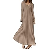 ECDAHICC Women's Sexy Ribbed Knit Sweater Dress Casual Long Sleeve V Neck Bodycon Pleated A Line Long Dress Streetwear