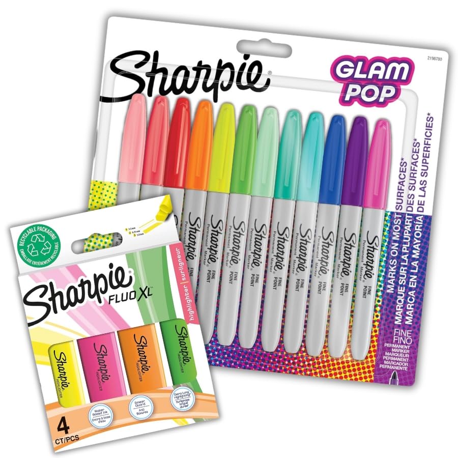 Sharpie Glam Pop Permanent Markers Fluo XL Highlighters | 12 Marker Pens and 4 Count Highlighter Set