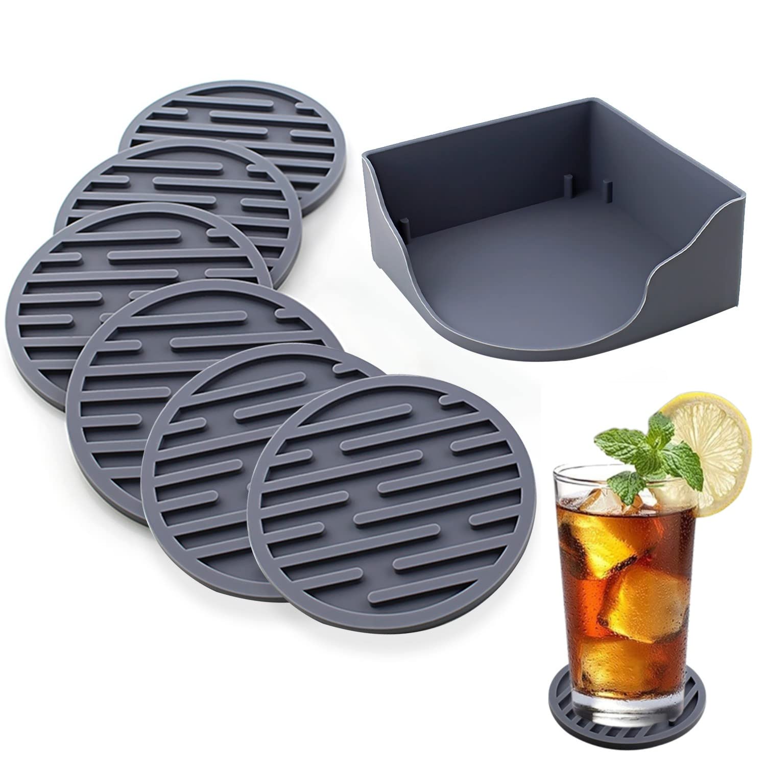 WUBAYI 6pcs Silicone Coasters, Drink Coasters with Holder, Thickened Drainable Suitable for Cold & Hot Drinks, Home, Bar, Office, Non-Stick, Easy to Clean (Grey)