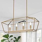 WINSHEN 4-Lights Golden Pendant Light Fixtures, Modern Lantern Linear Chandelier with Adjustable Height, Dining Room Ceiling 