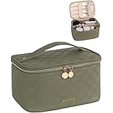 Prite Makeup Bag, Large Capacity Portable Travel Cosmetic Bag, Waterproof Makeup Organizer for Women with Handle and Divider (001 Checkered Green)