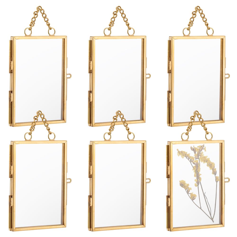 OLYCRAFT 6Pcs Wall Hanging Mini Photo Frames 9.3x6.1cm Double Glass Picture Frame with Chain Brass Folding Frame DIY Vintage Artwork Display Frames for Pressed Flowers Pictures Home Wall Decor