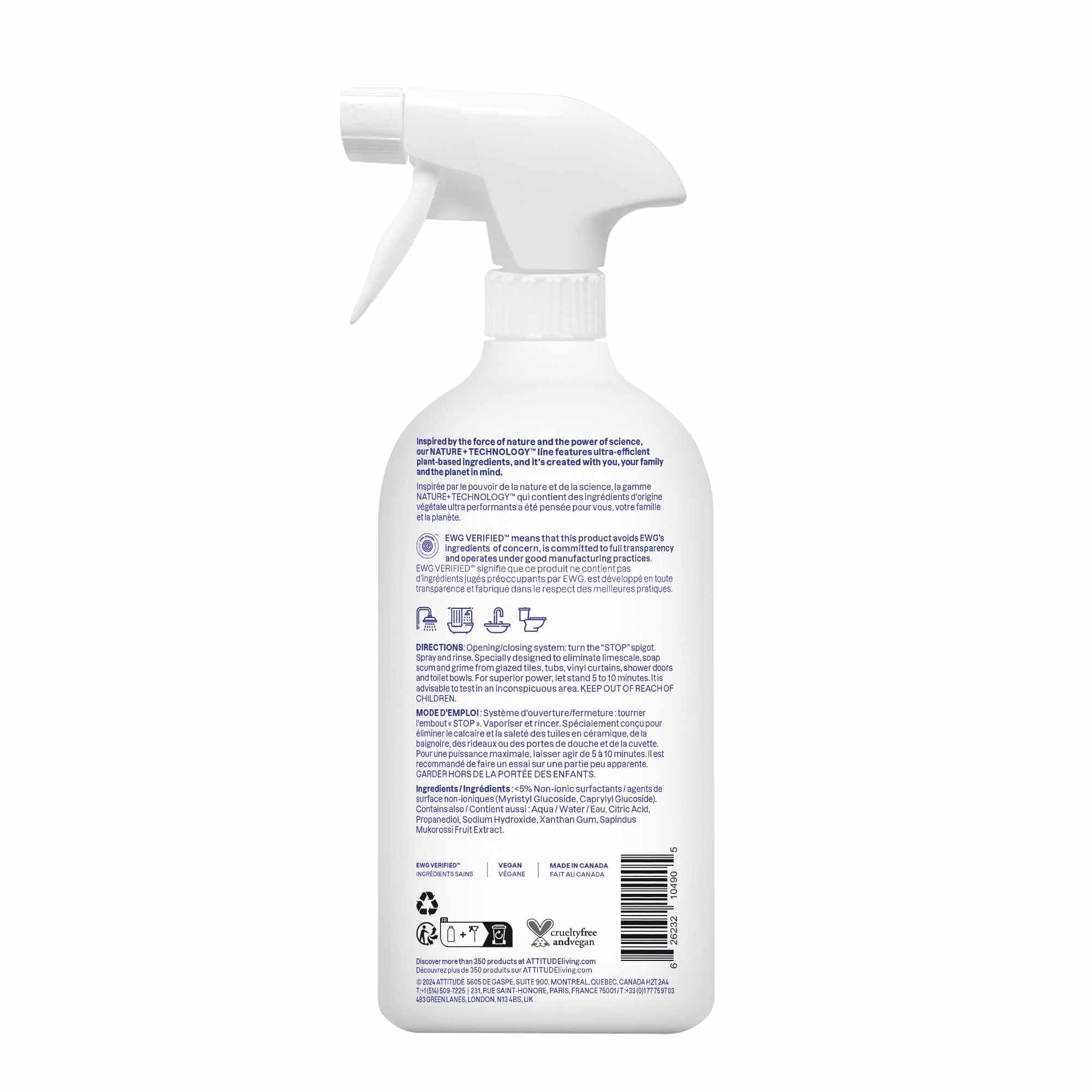 ATTITUDE Bathroom Cleaner Spray, EWG Verified, Plant-Based & Vegan, Safe for Bathroom Surfaces, Tiles, Tubs, Shower Walls, and Grout, Unscented, 27.1 Fl Oz