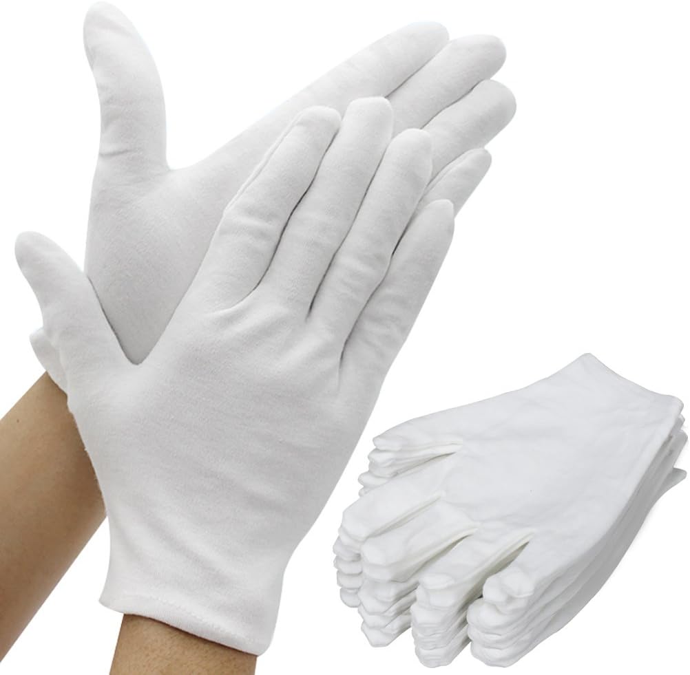 Amariver White Cotton Gloves, 6 Pairs 8.6'' Large Size Thicker Works Lining Gloves for Coin Jewelry Silver Inspection Formal Marching Band Parade, 12 Pieces Gloves in Total