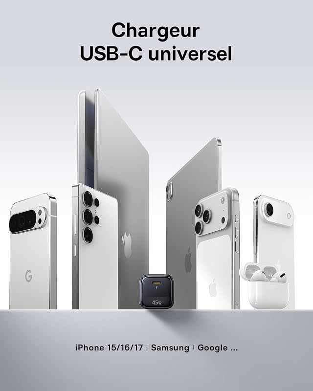 Chargeur USB C 45W GaN avec câble 1 m, Alimentation Charge Rapide PPS PD pour Samsung S25 Ultra/S24, iPhone 17/16/15 Pro Max, iPad, MacBook, Pixel