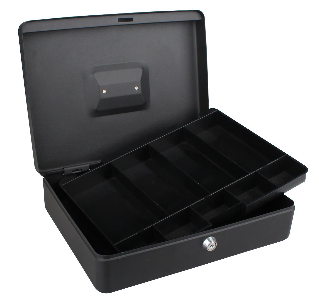 Tech Traders ® 12" Cash Box Black, Steel Petty Cash Box Supplied with 2 Keys and Removable Change Tray- Perfect Secure Storage for Loose Change