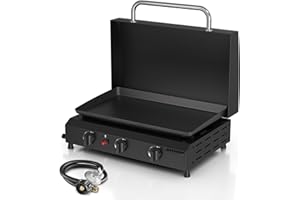 Adreak 3 Burner Gas Griddle with Hood & Shelf - 25.6 Inch Portable Flat Top Grill for Camping and Outdoor BBQ, Propane Fuelled with 30000 BTU Output