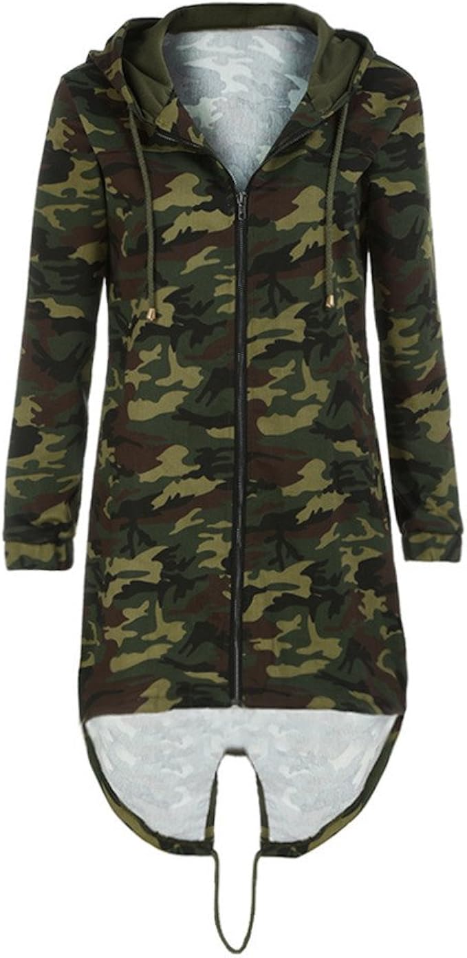 HARRYSTORE Womens Hooded Long Sleeve Coat Jacket Windbreaker Camouflage Outwear (L, Camouflage 