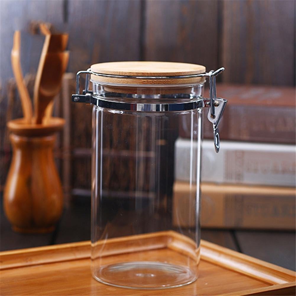 Spice Jar Condiments Cans Seasoning Bottle Canned Food Cooking and Dining Diameter 100 Sealed glass Bottles Clips type Bamboo Wood Cover Storage Coffee Wine Tea Solid Liquid Set of 2, D