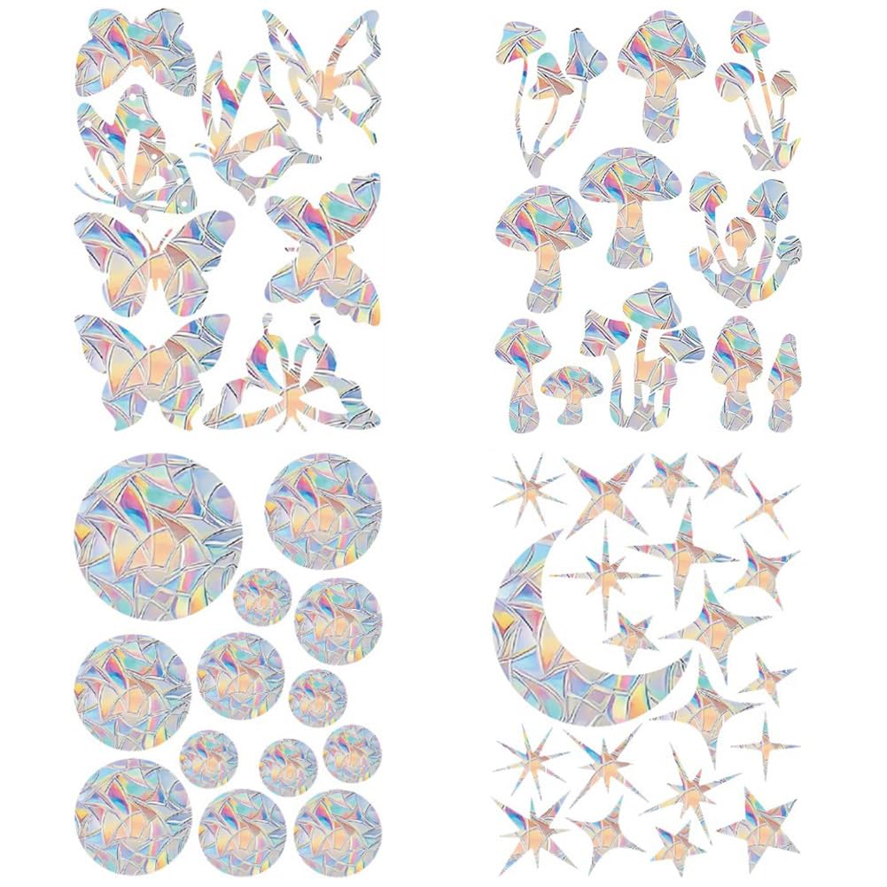 DELORIGIN 4pcs 4 Styles Window Stickers Window Clings Rainbow Window Film Suncatcher Sticker Window Decals for Bird Strikes