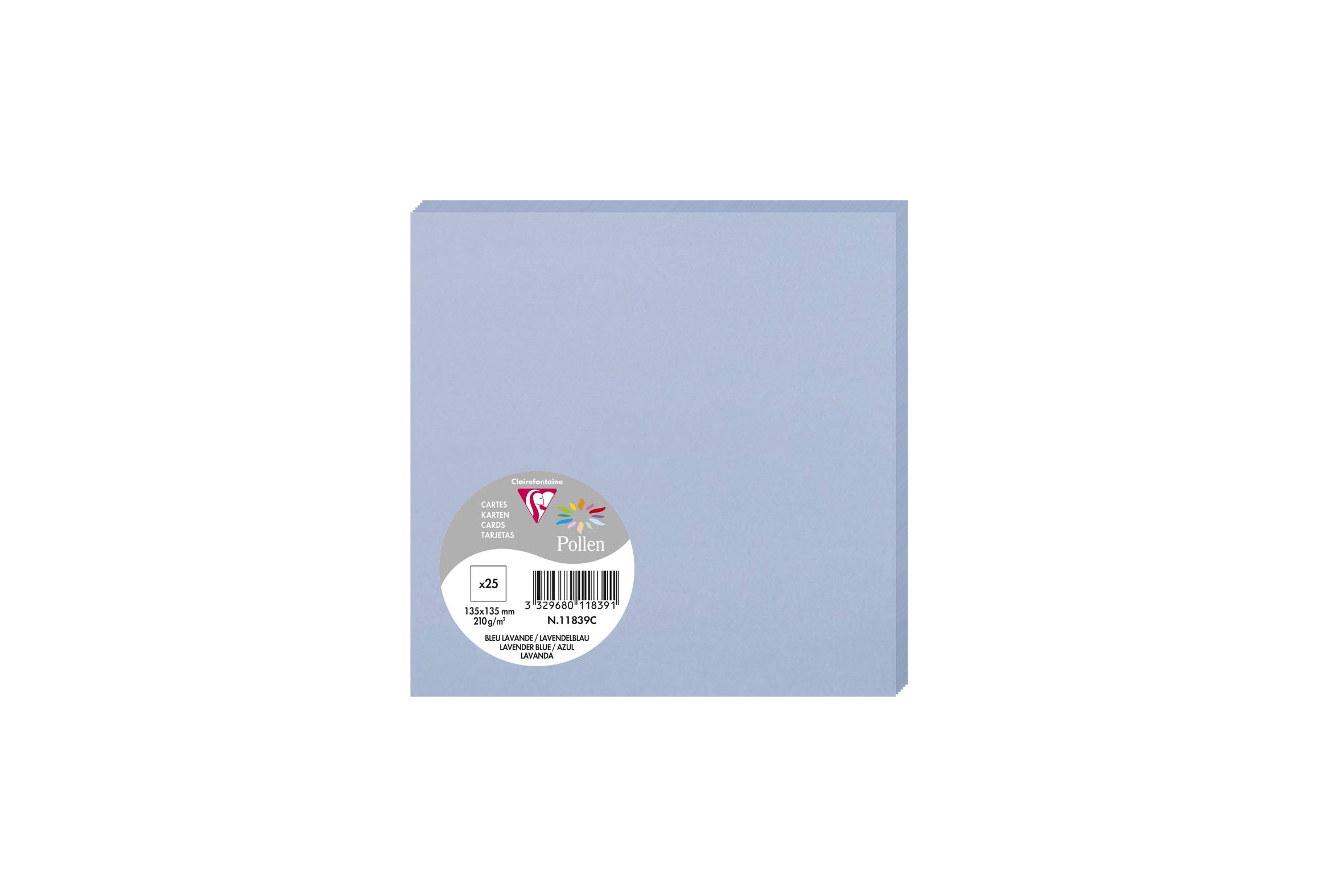 Clairefontaine 11839C Pack of 25 Plain Cards Square Format 13.5x13.5cm 210g Lavender Blue Invitation Correspondence Cards - Pollen Range - Premium Smooth Paper