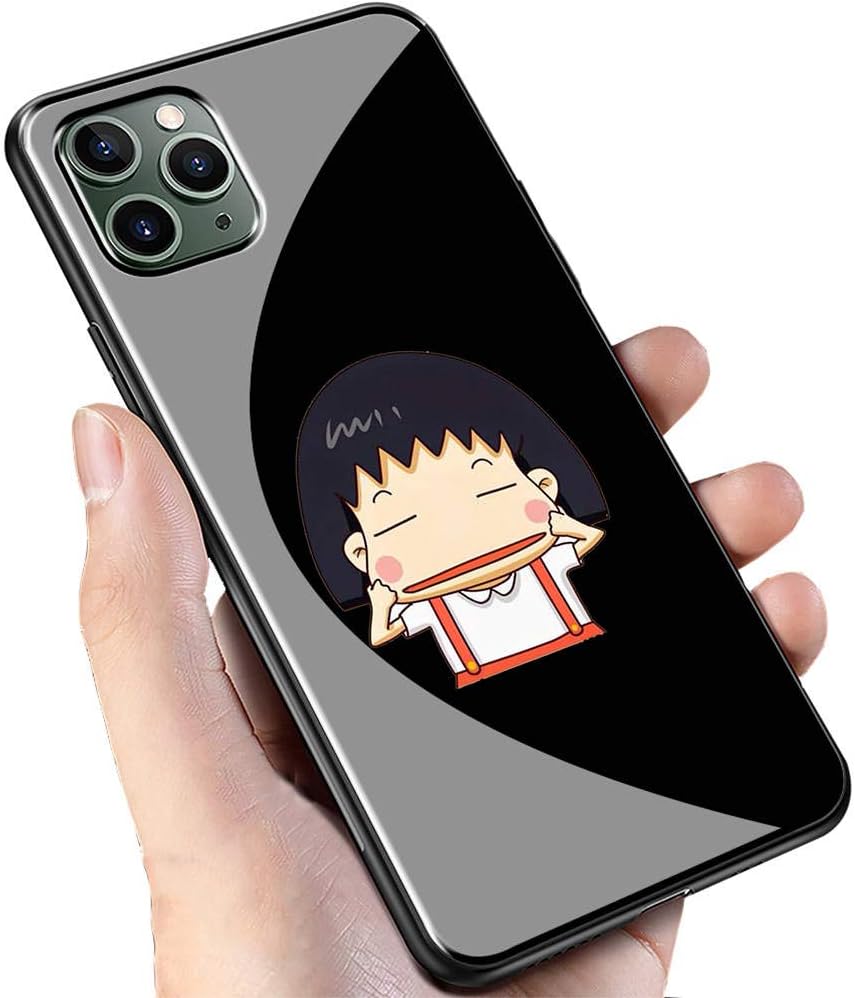 Luxury Black Cover for iPhone 11 Pro Max Phone Case,9H Tempered Glass Back Cover Soft Silicone Anti Scratch Bumper Design LC-73 Cherry Chibi Maruko chan Cartoon Protective Case
