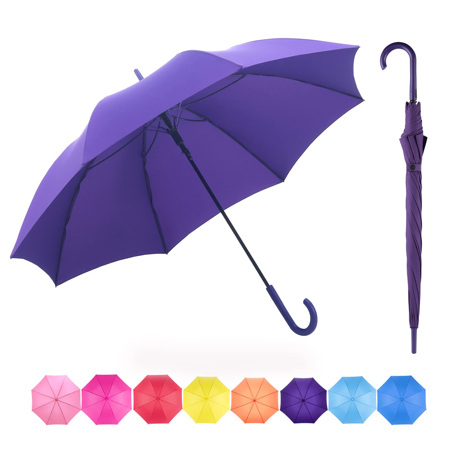 RUMBRELLA 51IN UV Stick Umbrella One-touch Auto Open UPF 50+ with J Hook Handle, Windproof Waterproof Brolly, Purple 1lb