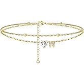 TCXOO Anklets Bracelets for Women 14k Gold Plated Waterproof CZ Initial Anklet for Women Layered Letter Heart Ankle Bracelets Beach Adjustable Foot Chain