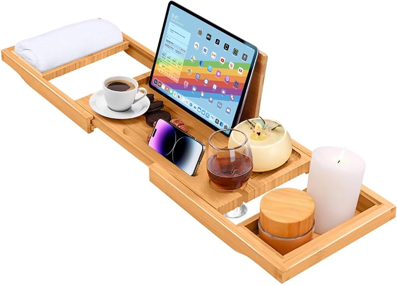 ADOV Bath Tray Extendable Bamboo Bath Caddy with Book/Phone Holder