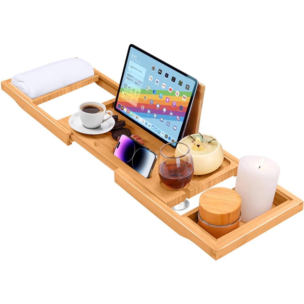 ADOV Bath Tray, Extendable Luxury Home Spa Natural Bamboo Wood Bathtub Shelf Board with Built-in Holder for Book iPad Phone Glass Candle, Adjustable Bath Caddy Bridge Fits