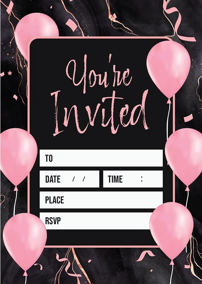 Kirsten McMillan 32 Black & Pink Balloon Birthday Invitations - A6 Birthday Party Invitations Cards for Adults with Envelopes – Invites Designed and Printed in the UK