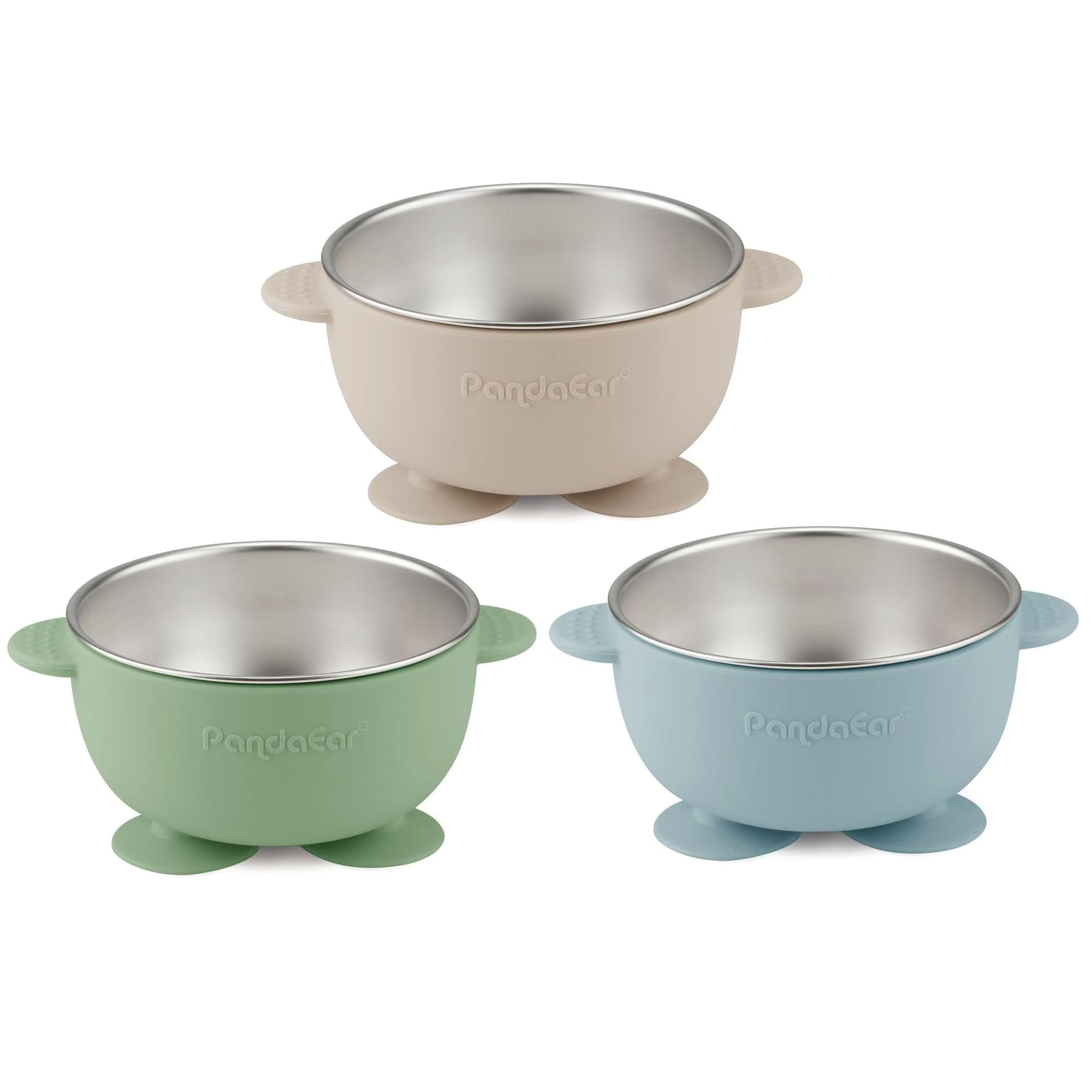 PandaEar 3 Pack Stainless Steel Baby Suction Bowls, Non-Slip Child Food Bowl with Silicone Sleeve for Kids Toddlers Infants, Unbreakable & Mess Free (Blue Green Brown)