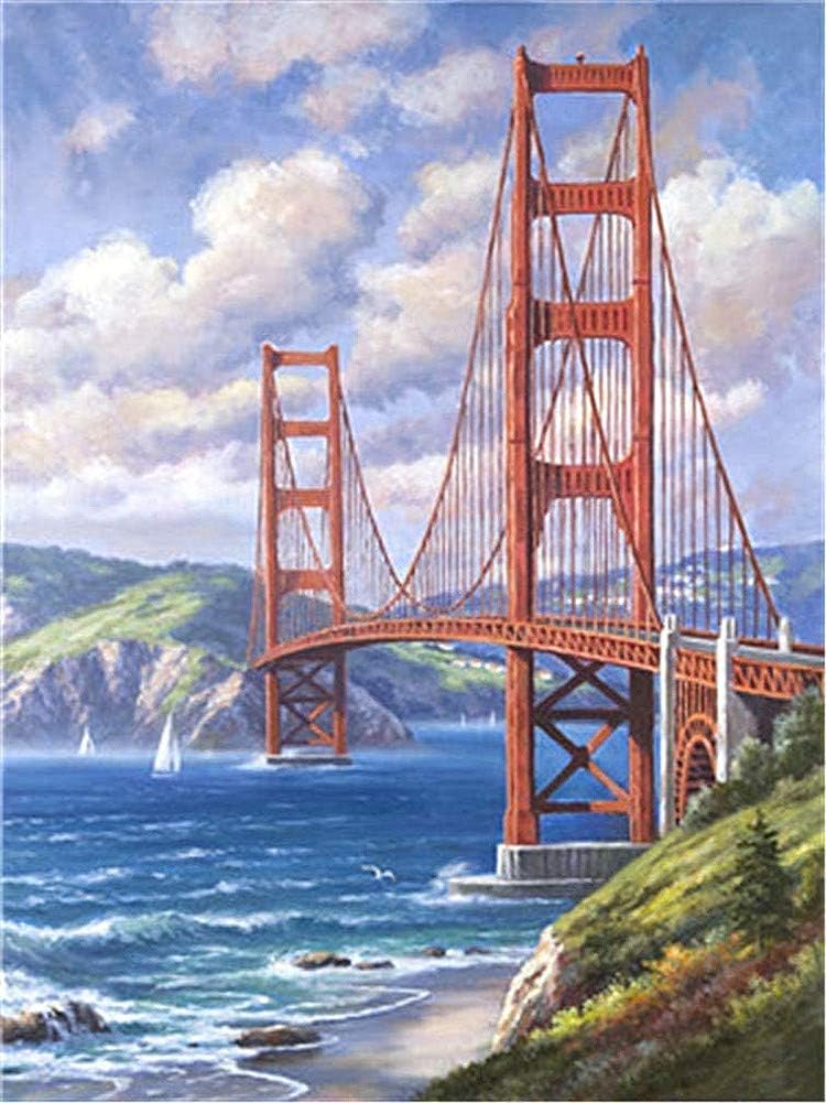 YEESAM ART Paint by Numbers for Adults Kids, Blue Sea Bridge Mountain Landscape 16x20 Inch Linen Canvas Acrylic DIY Number Painting Kits Wall Art Decor Gifts (Framed)