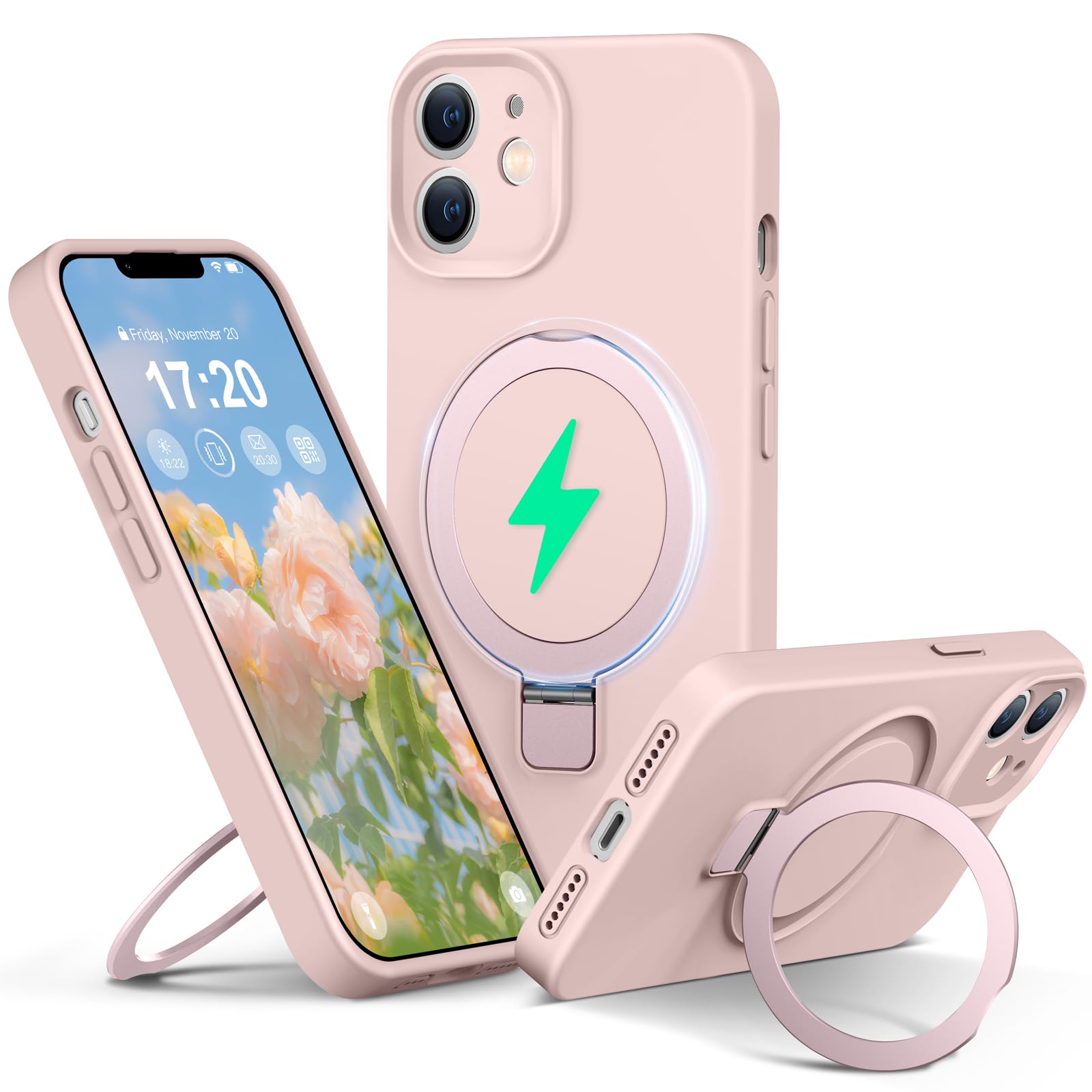 Photo 1 of PuyaTeya Liquid Silicone Case for iPhone 11 with Magnetic Ring Stand, Upgraded Camera Lens Protection, Mil-Grade Drop Shockproof, Anti-Scratch Microfiber Lining Silicone Case (Pink)