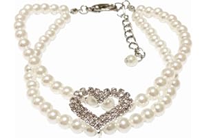 PETFAVORITES 2 Rows Dog Pearls Necklace Collar for Small Dogs Girl - Bling Cat Wedding Collar Pet Jewelry with Rhinestone Heart Charm - Female Chihuahua Yorkie Clothes Costume Outfits Accessories