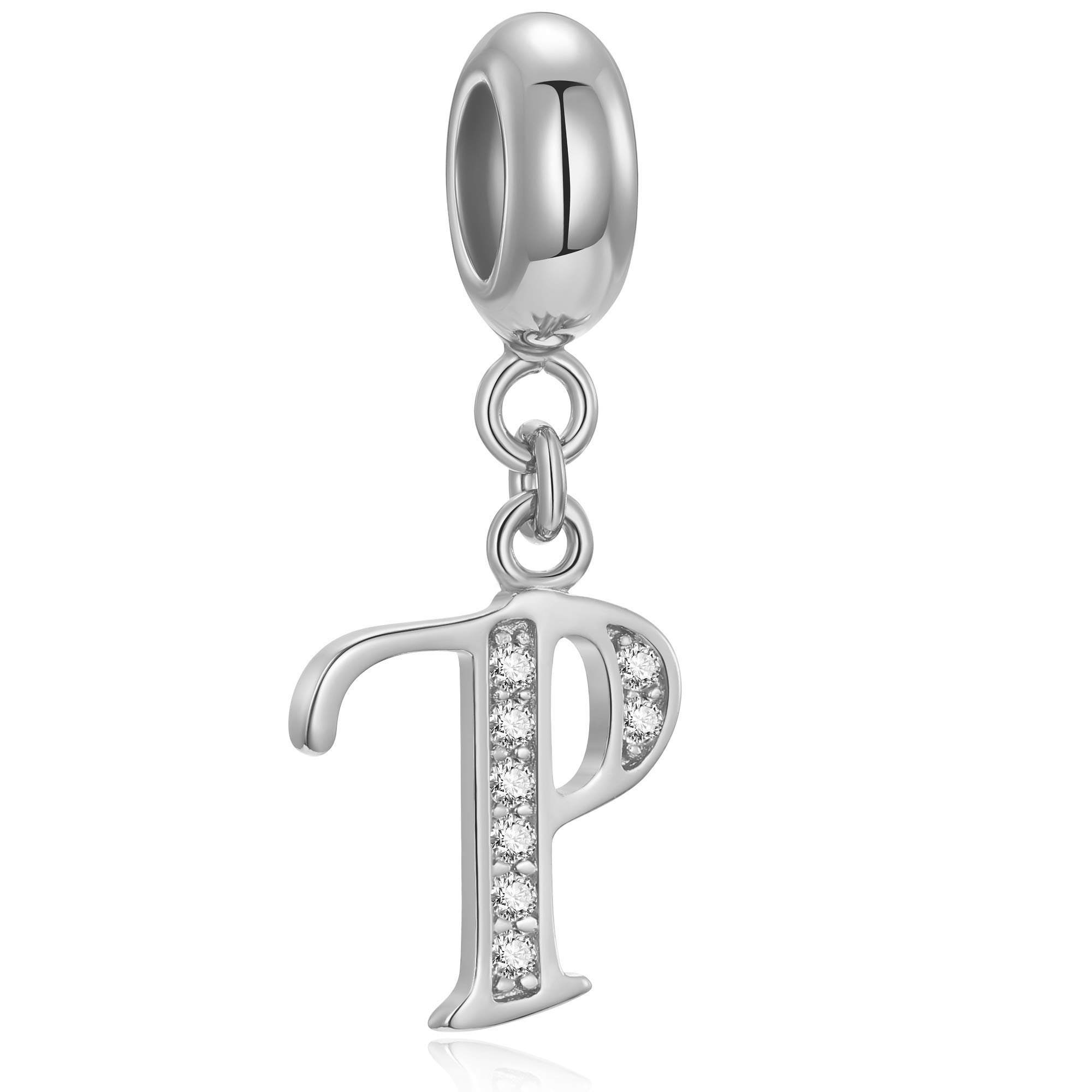 Genuine 925 Sterling Silver Letter Beads Initial A-z Dangle Alphabet Crystal Charm Fits European Bracelet Necklace (Letter P)