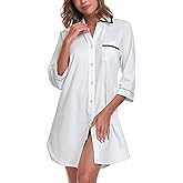 COLORFULLEAF Women's 100% Cotton Nightgowns 3/4 Sleeve V-Neck Sleep Shirt Soft Button Down Pajama Dress