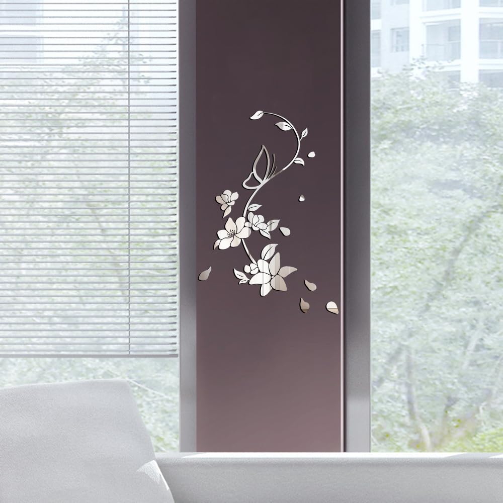 Mirror Sticker, Acrylic Flower Walls Sticker, 3D Butterfly Wall Stickers Mirror, Removable Flower Sticker Wall Decoration for Living Room Bedrooms Nursery Doors Window Bathroom Fridge (Silver)