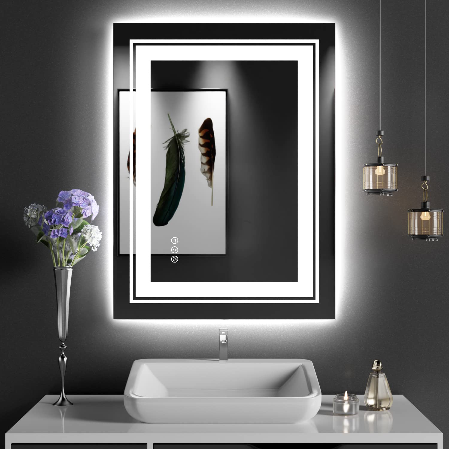 Snowdool 31x23 LED Bathroom Mirror with Front and Backlight, Dimmable Lighted Bathroom Vanity Mirror with Anti-Fog, Memory Function,Tempered Glass(Horizontal/Vertical) Image