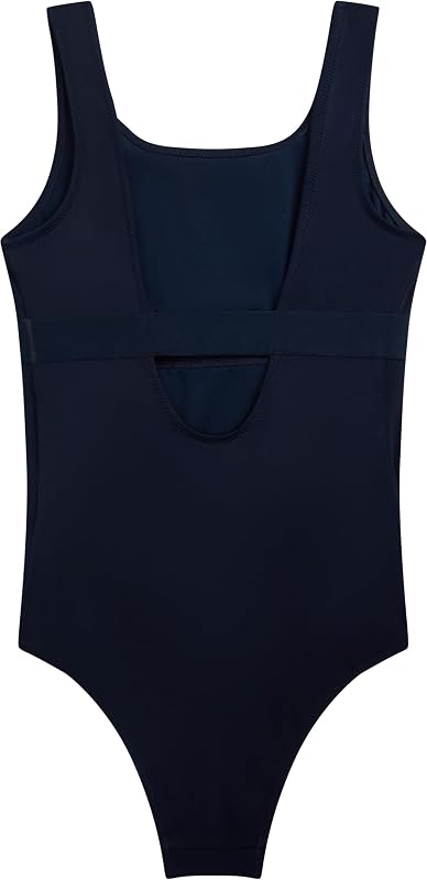 Fato de banho feminino de uma peça com decote quadrado e detalhes distintivos da marca, azul (azul escuro azul-marinho), 12-14 anos — foto 6 de 6