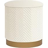 PINPLUS Round White Velvet Storage Ottoman, 14.7"x14.7"x16.3" – Small Footstool with Gold Base, Hidden Storage Ottoman Coffee Table for Living Room, Bedroom, Dorm, 220 LBS Capacity