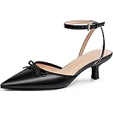 Coutgo Satin Kitten Low Heels with Bow Closed Pointed Toe Short Pumps Dress Wedding Party Shoes