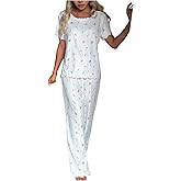 SHENHE Women's Two Piece Cute Pajama Sets Floral Lettuce Trim Tee Top with Pants Lounge Set Sleepwear