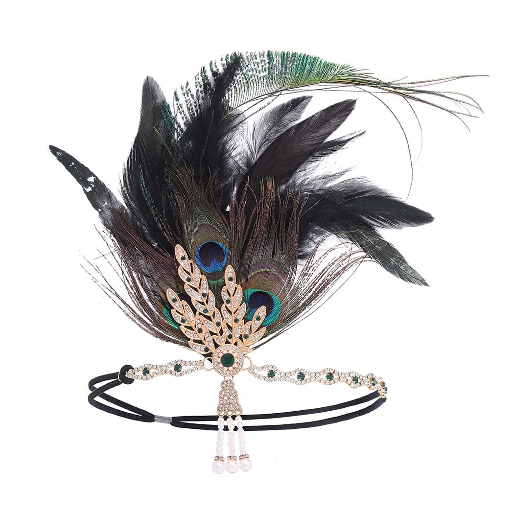 IYOU Peacock Feather Gatsby Headpiece Green Rhinestone Flapper Headband Party Prom 1920s Hair Accessories for Women