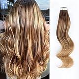AmazingBeauty Sun-kissed Balayage Extensions Human Hair Invisible Double Sided Real Remy Human Hair Skin Weft, 50g/20pcs, Caramel Blonde with Chocolate Brown B4-27, 20 Inch