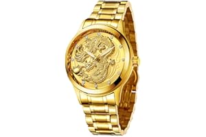 Udaney Mens Gold Dragon Watches Quartz Wristwatch for Father Husband Son with Dragon Necklace