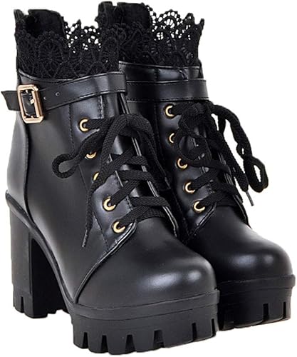 Amazon Guoyupika ショートブーツ レディース コスプレシューズ レース付き 黒 白 Pu ショート丈 ハイヒール レースアップ ブーツ おしゃれ 無地 歩きやすい 通勤 通学 大きいサイズ ブーツ ブーティ