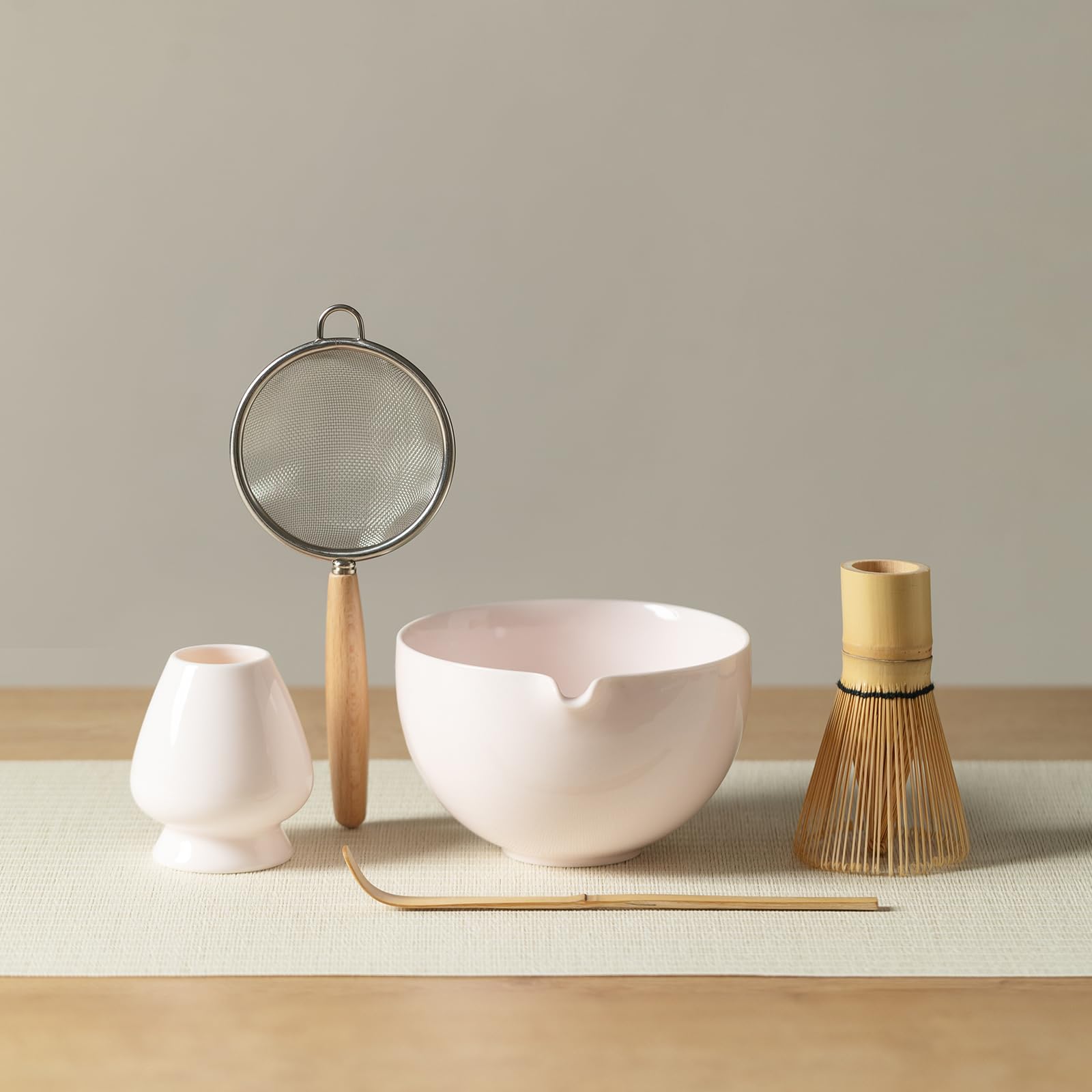matcha whisk set, matcha set with ceramic matcha bowl, bamboo whisk & holder, sifter, tea scoop (pink)