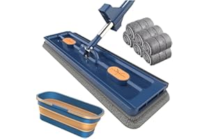 PUSKIU Large Flat Mop, 2024 Microfiber Mop 360 Rotating Dust Mop with Dewatering Scraper, 54" New Large Flat Mop for Wet and 