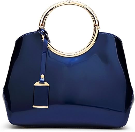 navy blue patent leather handbag